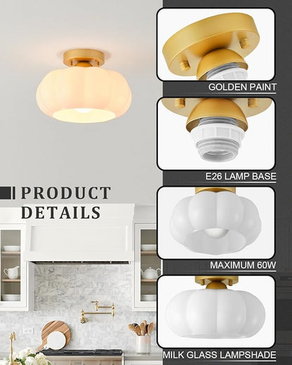 Vintage Semi Flush Mount Ceiling Light,Mid Century Modern Ceiling Lights,10 Inch Milk White Glass Shade with a Gold Base,for Bedroom,Kitchen,Hallway,Entryway