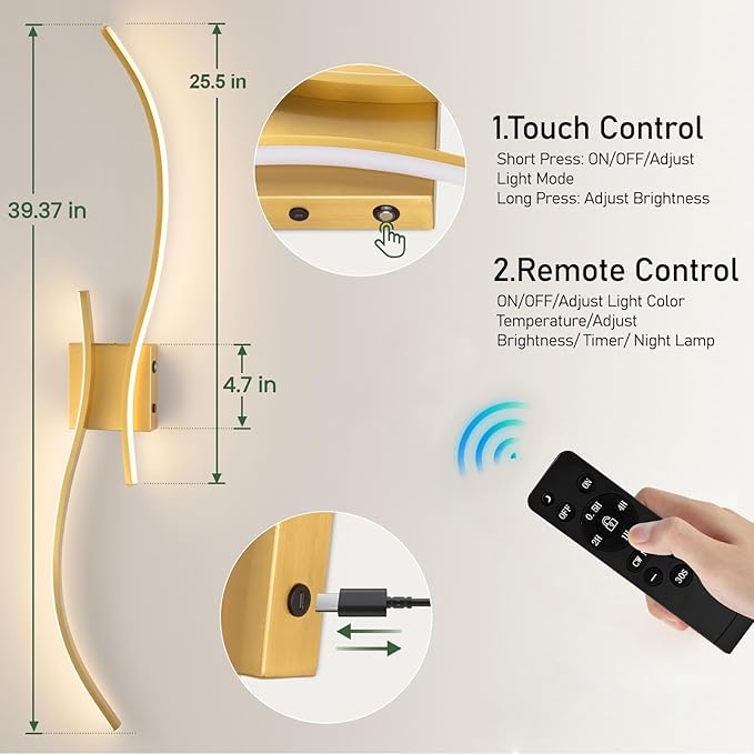 CANEOE Battery Operated Wall Sconce Set of 2, 18000mAh Gold Rechargeable Wall Lights with Remote Control,3000K-6000K Dimmable LED Wireless Wall Light for Living Room Bedroom Hallway,39.3 Inch (Gold)