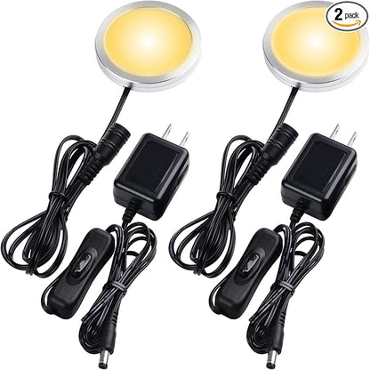 Single LED Puck Light for Under Obove Cabinet Counter Bar Shelf Back Lighting, 120V Electric Direct Wall Plug in, Handy On Off Switch, Black Cables, 2 Packs, Warm White