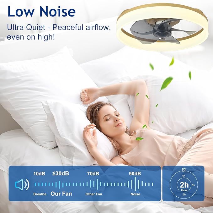 DLLT LED Ceiling Fan with Light: 16" Modern Low Profile Flush Mount Fandelier with App & Remote Control - Dimmable Gold Bladeless Fan Light Fixture for Bedroom Kids Room Living Room