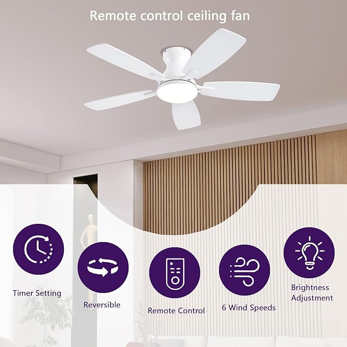 NKPU Ceiling Fans with Lights, Low Profile Ceiling Fan with Light and Remote/APP Control, DC Motor, Noiseless, Flush Mount, 42inch White Ceiling Fan for Bedroom Indoor/Outdoor Use