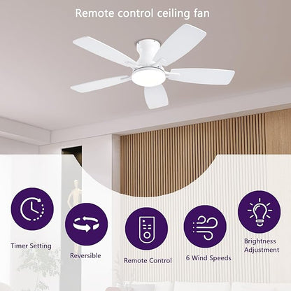 NKPU Ceiling Fans with Lights, Low Profile Ceiling Fan with Light and Remote/APP Control, DC Motor, Noiseless, Flush Mount, 42inch White Ceiling Fan for Bedroom Indoor/Outdoor Use