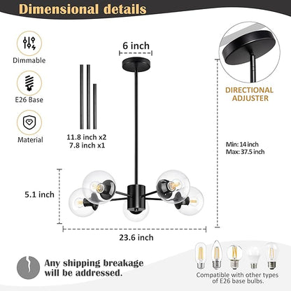 Bagood 5-Light Globe Sputnik Chandelier Black Mid Century Sputnik Chandeliers Dimmable Globe Pendant Light Matte Black Finished with Clear Glass Lampshade Chandeliers for Dining Room