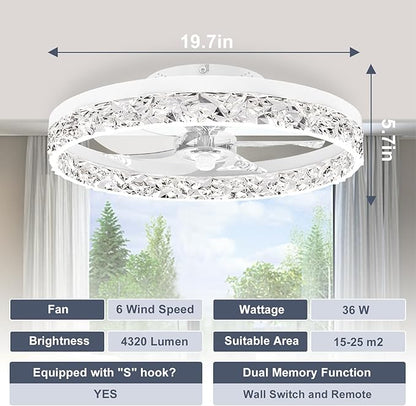 VOLISUN Modern Ceiling Fans with Lights and Remote, 19.7in Low Profile Ceiling Fan Flush Mount, 3000K-6500K Dimmable Bladeless LED Fan Light, White Fandelier Ceiling Fans with Lights for Bedroom