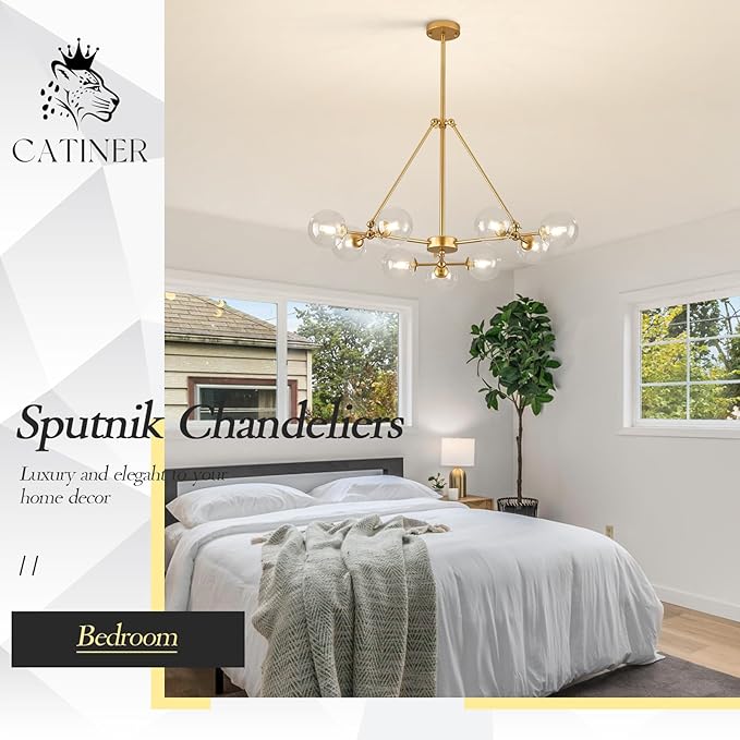 CATINER L40”Sputnik Chandeliers 9-Lights Modern Gold Chandelier Mid Century Ceiling Pendant Light Fixtures with Clear Glass Globe Shades for Kitchen Bedroom Living Dining Room Foyer Entryway