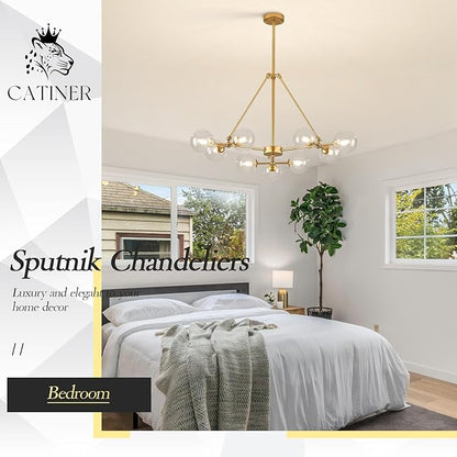 CATINER L40”Sputnik Chandeliers 9-Lights Modern Gold Chandelier Mid Century Ceiling Pendant Light Fixtures with Clear Glass Globe Shades for Kitchen Bedroom Living Dining Room Foyer Entryway