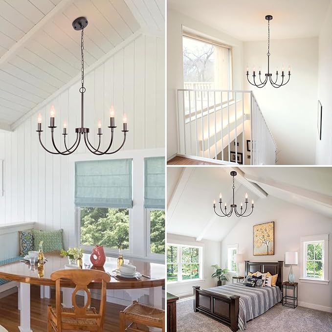 Farmhouse Chandelier, 6-Light Chandeliers for Dining Room Lighting Fixtures Hanging, Oil Rubbed Bronze Candle Chandelier Rustic Industrial Modern Chandelier for Living Room, Bedroom, Foyer