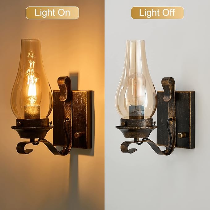 Yisuro Plug in Wall Sconce,Oil Rubbed Bronze Wall Sconces,Retro Rustic Wall Lamps,Sconces Wall Lighting with Amber Glass,Indoor Vintage Bedside Wall Lighting for Living Room Bathroom