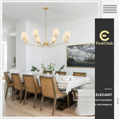 8 Light Brass Gold Chandelier with White Fabric Shade 44'' Linen Dining Room Chandeliers Over Table Kitchen Chandeliers Light Fixture for Living Room Bedroom Entryway Home Office