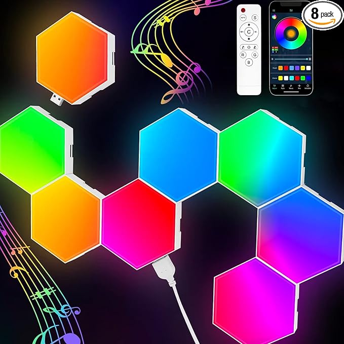 TISOFU 8 Pack Hexagon Lights LED Wall Panels, RGB Color Gaming Light Decoration with APP/Music Sync & Remote, Boys DIY Smart Modular Hexagonal Honeycomb Bedroom Glide Hex Tiles Panel