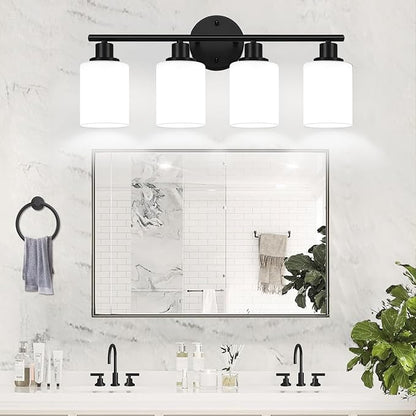 Zarbitta 4-Light Bathroom Light Fixtures, Black Modern Vanity Lights with Milky White Frosted Glass Shades, Bathroom Wall Lamp for Mirror Kitchen Living Room