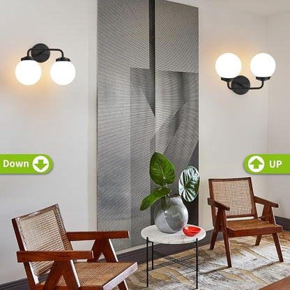 Black Bathroom Light Fixtures Over Mirror, Modern Vanity Lighting with Milk White Glass Globe Shades 2-Light Farmhouse Wall Sconce
