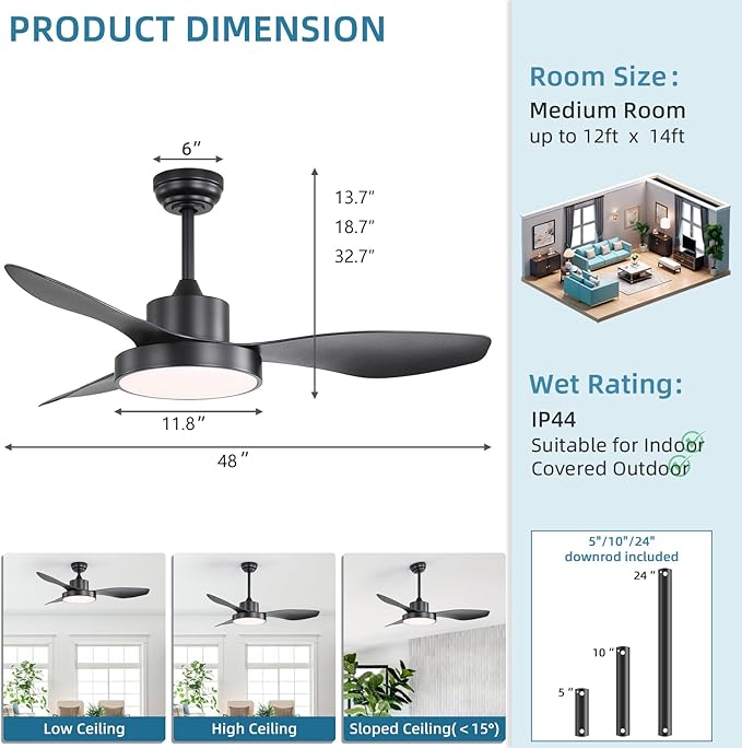 Sofucor 48 Inch Ceiling Fan with Lights Flush Mount Modern Outdoor Ceiling Fans with Remote,3 CCT Dimmable Quiet DC Motor & Timer for Patio/Bedroom/Farmhouse/Indoor (Black, 48 Inch/Remote Control)