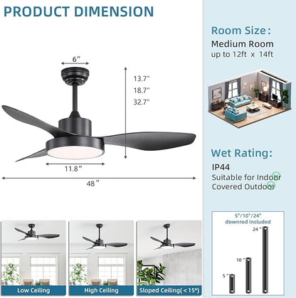Sofucor 48 Inch Ceiling Fan with Lights Flush Mount Modern Outdoor Ceiling Fans with Remote,3 CCT Dimmable Quiet DC Motor & Timer for Patio/Bedroom/Farmhouse/Indoor (Black, 48 Inch/Remote Control)