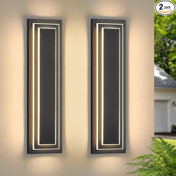 23.6 in Outdoor Wall Light Fixture,Black Outdoor Modern Square Wall Lights for Hallway, 2-Tier Garage Side Wall Sconces,Waterproof Front Porch Light Integrated 3000K 36W LED Light Bead,2PCS