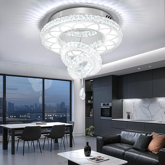 Flashing God Dia 20" Crystal Chandelier Crystal Silver Ceiling Light Fixtures LED Flush Mount Ceiling Light for Living Room Bedrooms Dining Room Dimmable 2700k 4500k 6000k