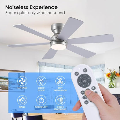 Asyko 46" Silver Low Profile Ceiling Fan with Light and Remote,Modern Flush Mount Ceiling Fans for Bedroom, Living Room, 6 Speeds, Dimmable, Timer, Quiet Reversible