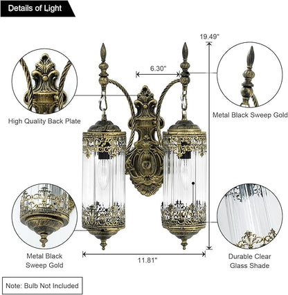 Rustic Glass Wall Sconce Vintage Antique Gothic Wall Light Fixture Retro Farmhouse Mid Centry Lantern Wall Sconce for Bedroom, Living Room, Mirror, Brush Gold