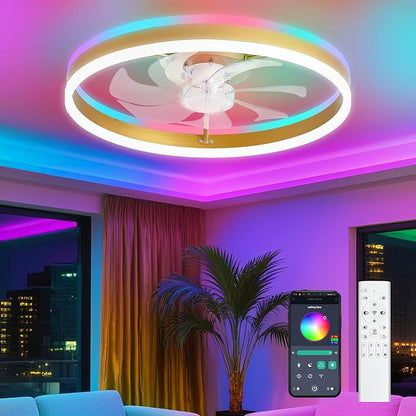 RGB Ceiling Fans with Lights, 20" Fandelier Low Profile Ceiling Fan with Light, Modern Flush Mount Ceiling Fan Light with Remote/APP Control, Bedroom Chandelier Fan Fixture for Indoor(Gold)