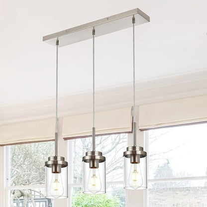 MELUCEE Kitchen Pendant Lighting Over Island 3 Lights Linear Chandelier Brushed Nickel Finish Dining Room Light Fixtures Ceiling Hanging Lamp with Clear Glass Shade, 20.5 Inches Length