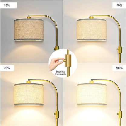 Nintiue Upgraded Modern Arc Dimmable Tall Standing Floor Lamp with Linen Shade, 1200 Lumens LED Bulb Included, for Living & Reading Room, Bedroom, Office & Nursery, Gold