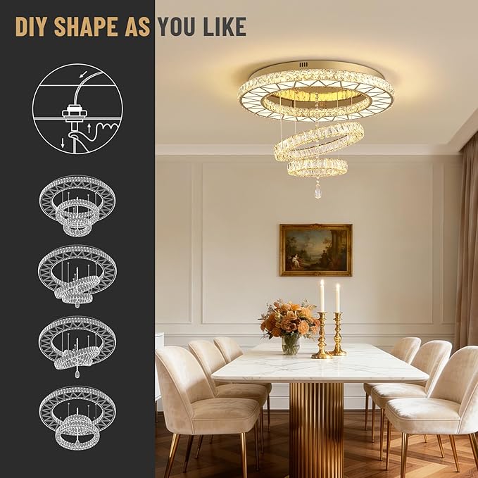 Siljoy 32" Gold Crystal Chandeliers, 3 Rings LED Flush Mount Ceiling Light, Dimmable Foyer Chandeliers for Living Room Dining Room Staircase, D12-18-32"