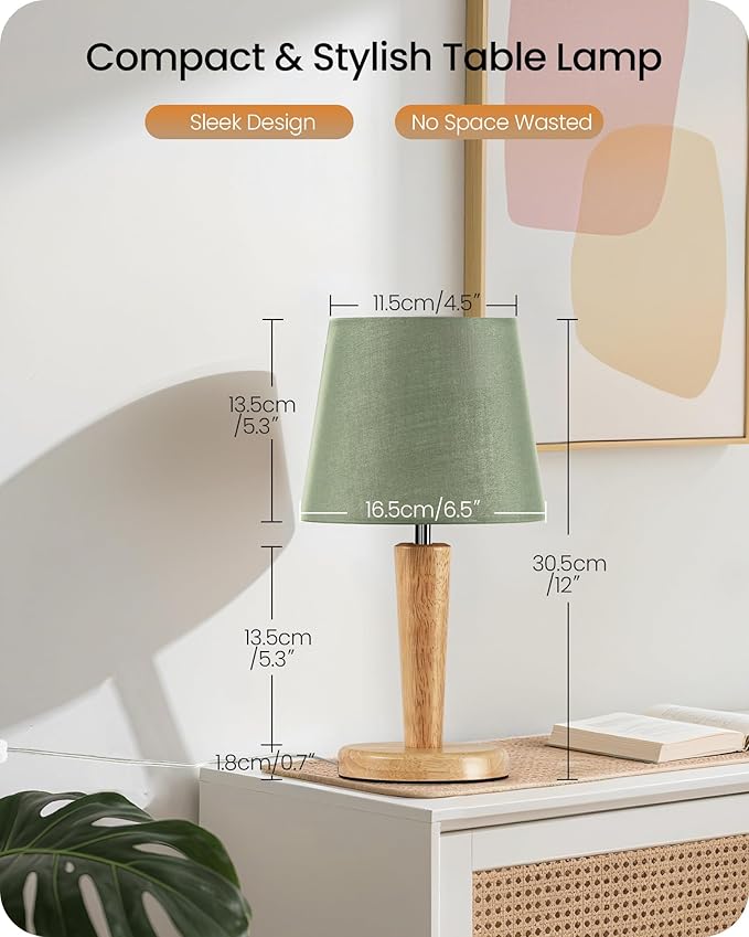 12" Wood Bedside Table Lamps Set of 2, Small Desk Lamps for Small Places, 3 Color Temperatures with Memory, Green Linen Shade & E26 Bulbs, for Bedroom Living Room Office MJ13TLP205