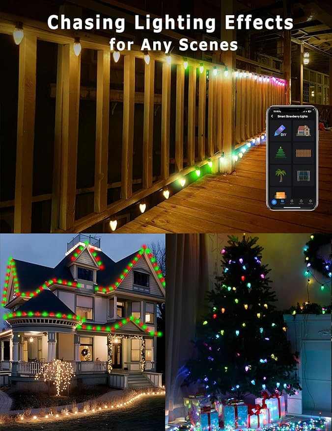 HIITEN Smart RGB C9 Christmas Lights Outdoor 100LEDs 79FT, DIY Chasing Effects with Timer Music Sync APP & Remote, Waterproof Extendable Color Changing String Lights for House