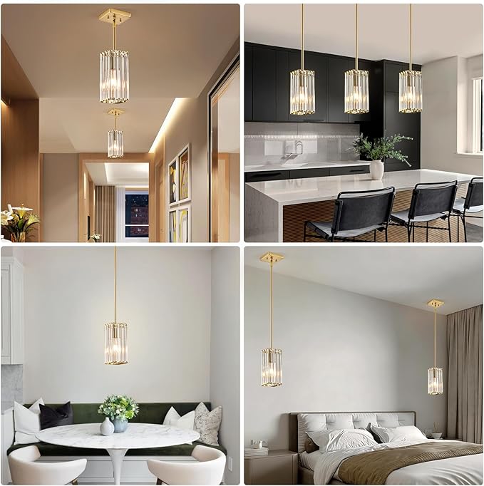 Modern Crystal Pendant Lights Kitchen Island, 3-Pack Brushed Gold Hanging Light with Clear Crystal Shade, Adjustable Height Pendant Lighting for Kitchen Island Dining Room Bedroom Bar Entryway