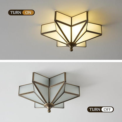Star Brass Glass Ceiling Light - Small 12 Inch Bronze Black Flush Mount Fixture - Unique Art Deco Vintage Modern Milk Lighting Lights for Bedroom Dining Entry Hall Hallway Outdoor Porch
