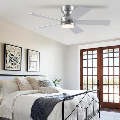 46" Ceiling Fan with Lights Low Profile, Flush Mount Ceiling Light with Remote and 5 Blades, Mute Reversible Motor, 6 Speeds and 3CCT Dimming, Modern Fan Light for Indoor Bedroom, Silver
