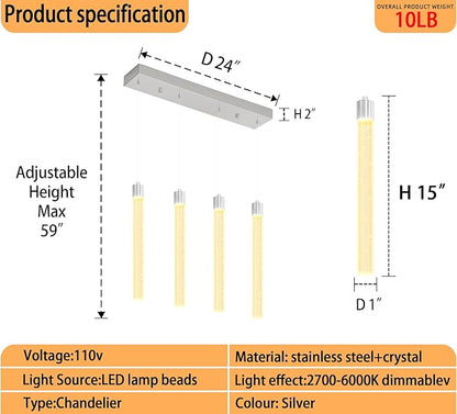 Modern Crystal Column Chandeliers for Dining Room Dimmable 4-Lights Silver LED Hanging Pendant Light Kitchen Island,Bedroom,Over Table,Living Room, Adjustable Height