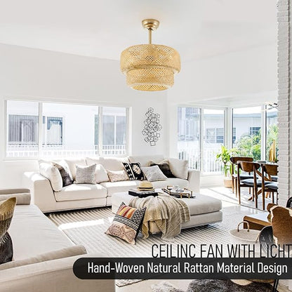 19.3" Bamboo Caged Ceiling Fan with Lights and Remote,4-Light Boho Rattan Ceiling Fan with Light Reversible Motor, Farmhouse Rattan Chandelier Fan for Bedroom, Living Room