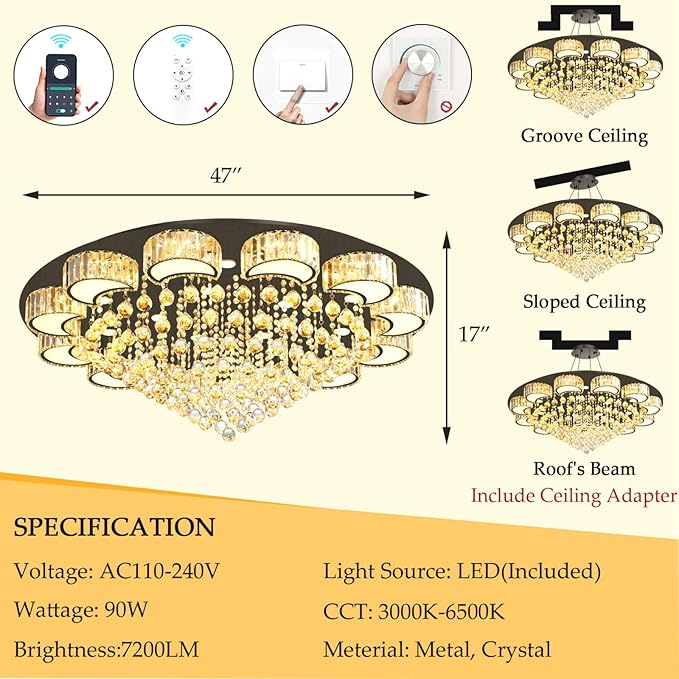 47" Black Modern Crystal Chandeliers for Dining Room LED Dimmable Light Fixtures Flush Mount Light Living Room Bedrooms