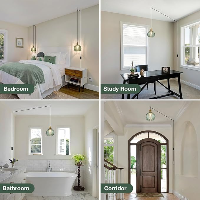 Modern Plug in Hanging Light 2-Light, 7.8 Inch Glass Pendant Light with Plug 14.76 FT Adjustable in Cord, Vintage Green Hanging Lamp for Dining Room Bedroom Kitchen Island Bathroom E26
