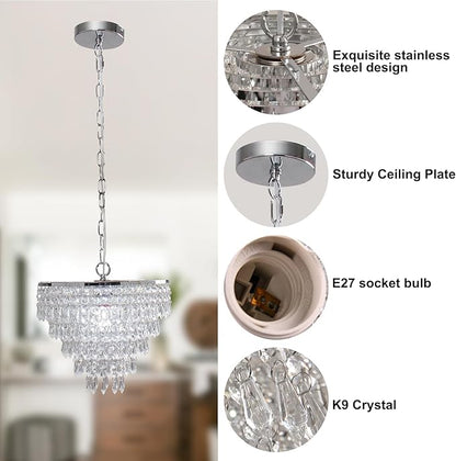 FRIXCHUR 11.8'' Crystal Chandelier Chrome Crystal Ceiling Light Led Flush Mount Ceiling Pendant Light Metal LED Pendant Light for Bedroom Living Room Foyer