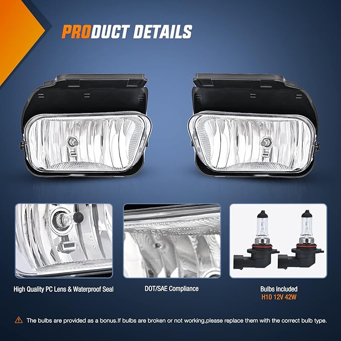 Nilight Fog Light Assembly Compatible with 2003 2004 2005 2006 2007 Chevy Silverado 1500 2500 3500 2002-2006 Avalanche w/o Body Cladding with H10 12V 42W Halogen Bulbs