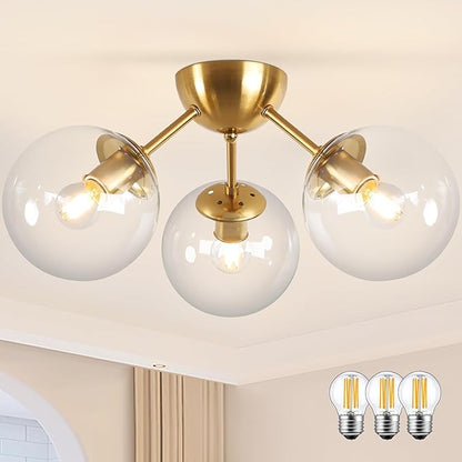 Bagood Mid-Century Modern Semi Flush Mount Ceiling Light 3 Lights Clear Glass Modern Globe Ceiling Light Gold Brass Sputnik Chandeliers for Hallway Entryway Kitchen Bedroom Laundry(Bulb Incl.)
