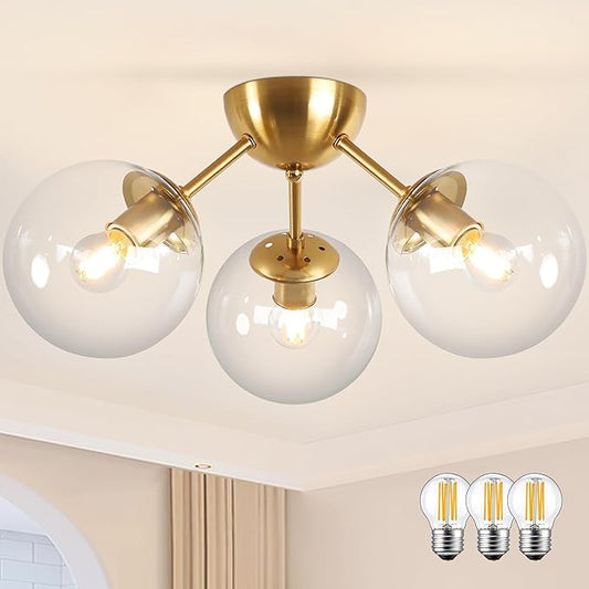 Bagood Mid-Century Modern Semi Flush Mount Ceiling Light 3 Lights Clear Glass Modern Globe Ceiling Light Gold Brass Sputnik Chandeliers for Hallway Entryway Kitchen Bedroom Laundry(Bulb Incl.)