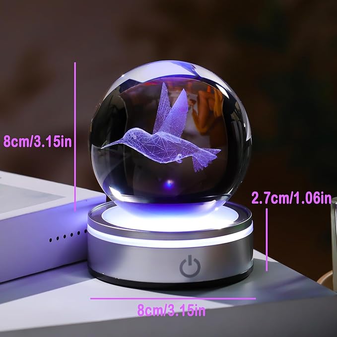 Arikyrist Crystal 3D Hummingbird 3.15in Ball Figurine Gifts for Women Wife, Collectible Glass Animal Art Sphere for Room with LED Light Base, Keepsakes for Bird Lovers Home Decor Paperweight