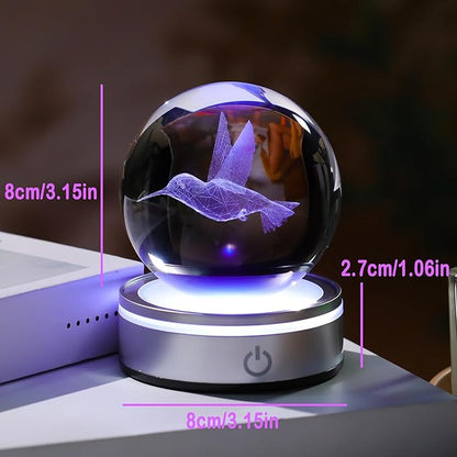 Arikyrist Crystal 3D Hummingbird 3.15in Ball Figurine Gifts for Women Wife, Collectible Glass Animal Art Sphere for Room with LED Light Base, Keepsakes for Bird Lovers Home Decor Paperweight