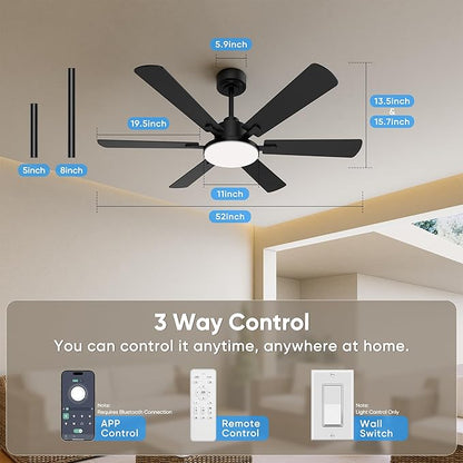 52 Inch Ceiling Fans with Lights, Upgraded 6 Blade Design, Remote Control, Ultra Quiet Reversible DC Motor, 6 Speeds, 3CCT Dimmable LED, Memory Function, Double Sided Blade for Bedroom Livingroom