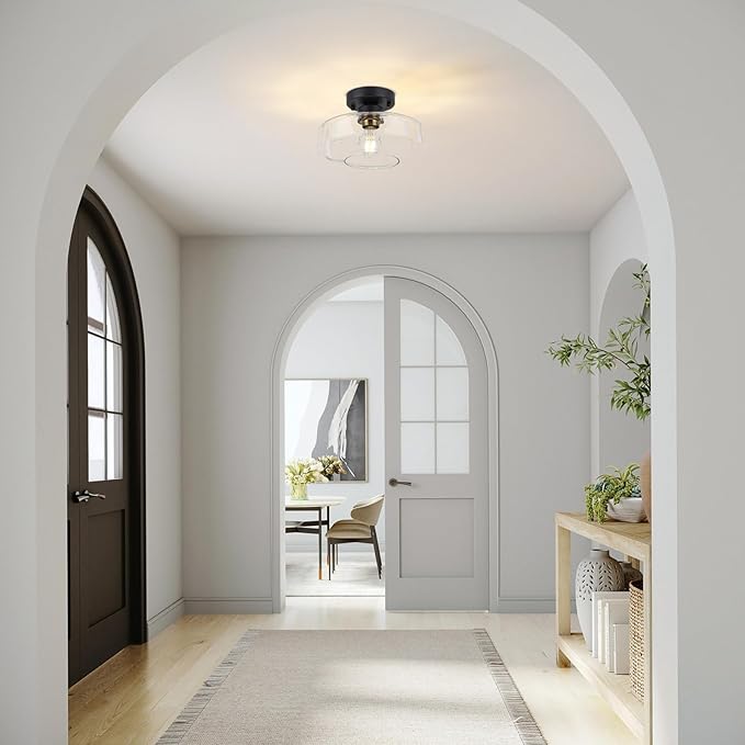 Semi Flush Mount Ceiling Light, 10.24" Modern Farmhouse Clear Glass Light Fixture with Matte Black Finish, E26 Base for Entryway Hallway Kitchen Bathroom (Bulb Not Included)