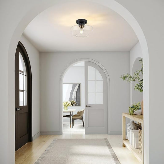 Semi Flush Mount Ceiling Light, 10.24" Modern Farmhouse Clear Glass Light Fixture with Matte Black Finish, E26 Base for Entryway Hallway Kitchen Bathroom (Bulb Not Included)