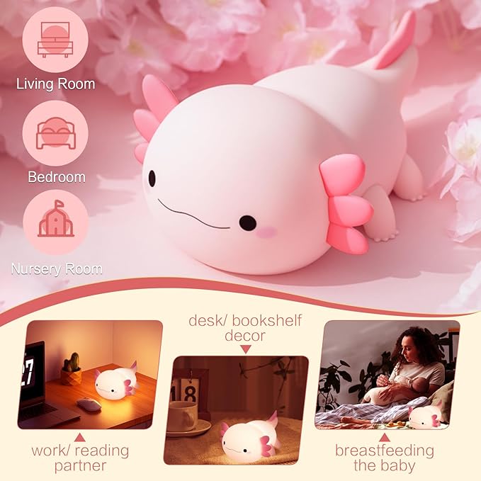 YR YRHH-PET Axolotl Lamp Kid Cute Night Light, Rechargeable Squishy Axolotl Gifts for Girls, Mother, Baby Touch Nightlight, Dimmable Silicone LED Animal Toy, Bedside Pink Lamp, Nursery Kawaii Décor