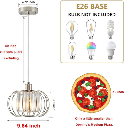 XSDeTu Brushed Nickel Pendant Light Fixtures, Modern Crystal Hanging Ceiling Light, Farmhouse Small Chandeliers, Metal Cage Pendant Lighting, Adjustable Pendant Lights Kitchen Island, Hallway
