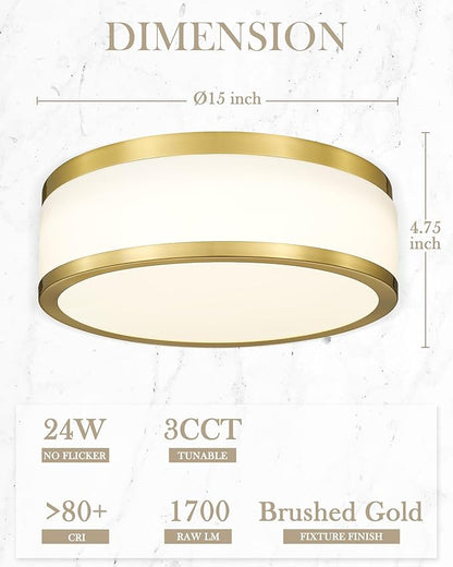 LMS 24W LED Flush Mount Ceiling Light, 15 inch 3CCT 3000K/4000K/5000K, Brushed Gold Close to Ceiling Light for Bathroom, Kitchen, Living Room, LMS-190