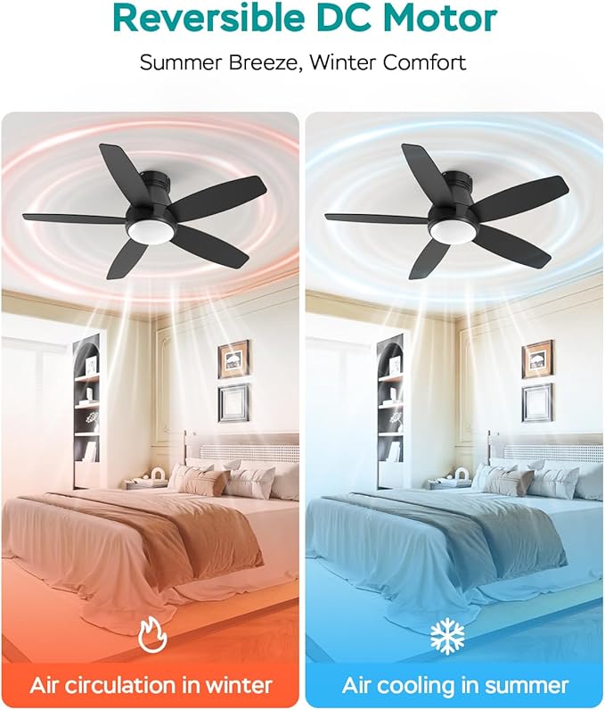 42 Inch Ceiling Fans with Lights, Quiet Reversible Fan with Remote & APP Control, 6-Speed, 3 Color Temperatures Dimmable LED, DC Motor, Low Profile Ceiling Fan for Bedroom Living Room, Black