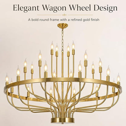 Shandaglo Large Gold Chandelier 24-Light, 39in Wagon Wheel Chandelier for High Ceilings, 3-Tier Foyer Chandelier for Entryway, Dining Room Light Fixture, Living Room Farmhouse Ceiling Light ﻿