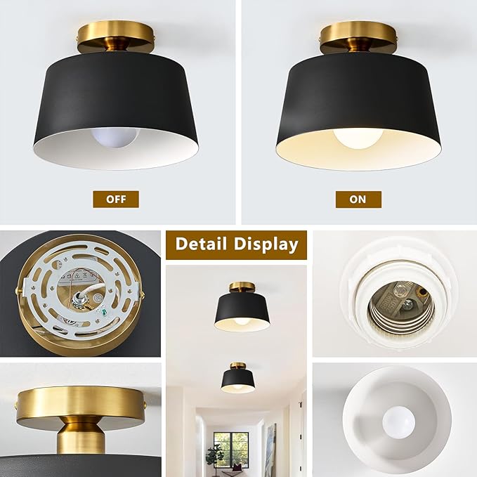 Modern Semi Flush Mount Ceiling Light 3 Pack,Metal Ceiling Light Fixture,E26 Ceramic Lamp Head,Black and Gold Ceiling Lamp for Hallway Kitchen Entryway Bedroom Laundry Room (10Inch)